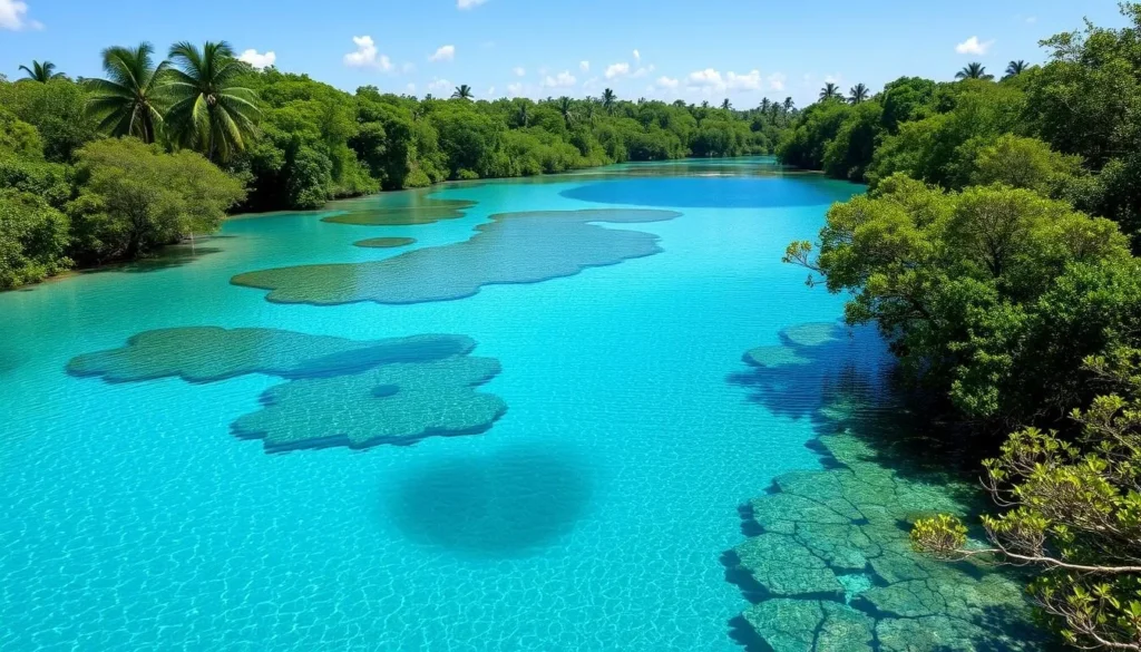 Five Blues Lake during dry season showing crystal clear water with multiple blue shades