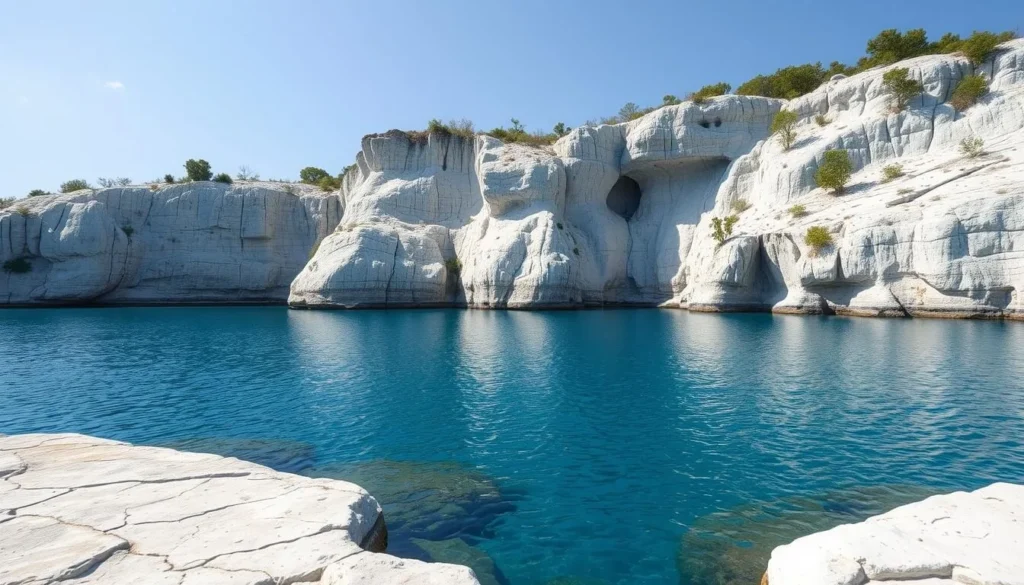 Five Blues Lake showing limestone formations and karst topography that contribute to its mysterious draining and refilling