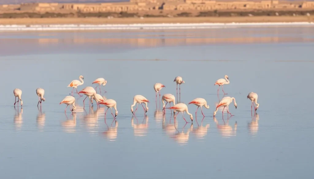 Flamingos feeding in the salt ponds of Washington Slagbaai National Park