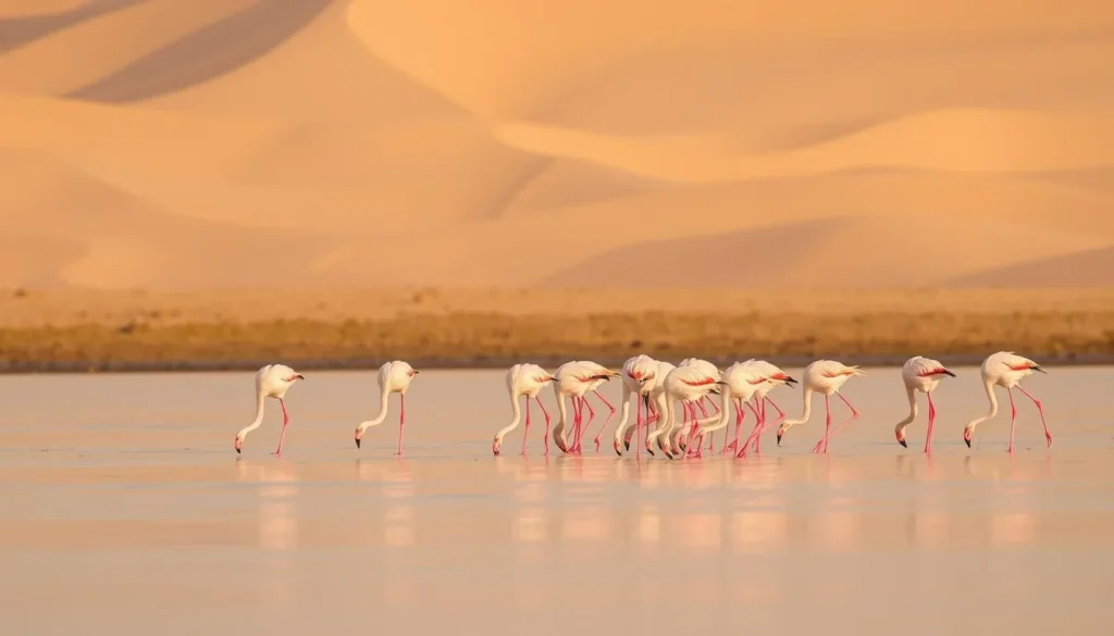 Flamingos feeding in the shallow waters of Khawr al Udayd