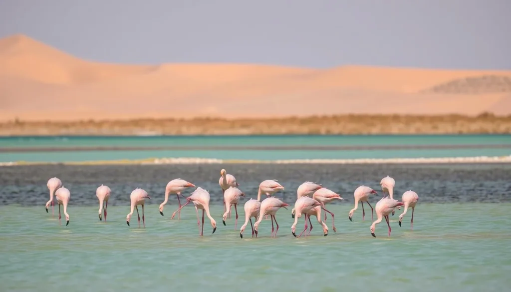 Flamingos feeding in the shallow waters of Khor Al Udaid, Qatar