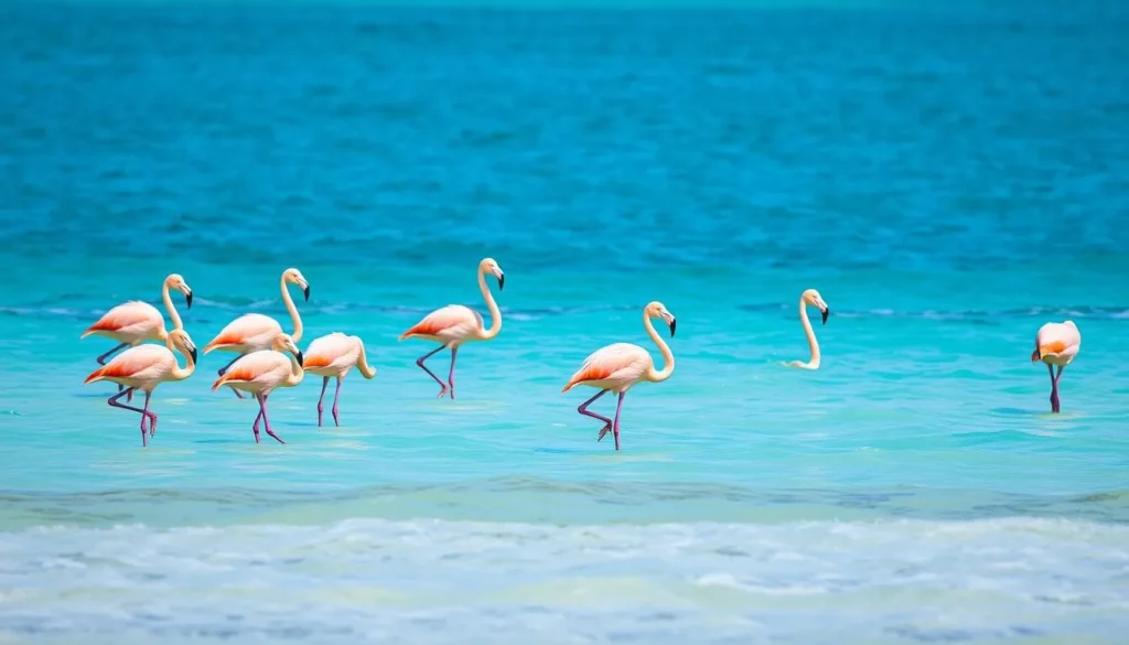 Flamingos in the shallow waters near Cayo Guillermo Island, Cuba