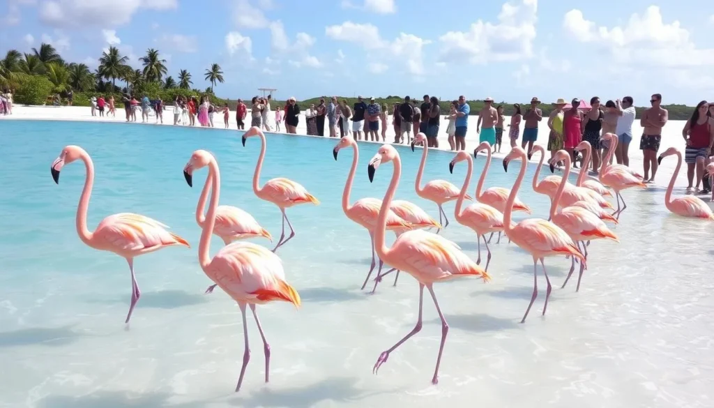 Flamingos on the beach at De Palm Island Aruba with tourists taking photos
