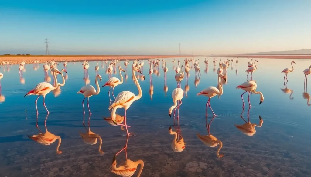 Flamingos wading in the shallow waters of Pekelmeer Sanctuary in Bonaire Flamingos wading in the shallow waters of Pekelmeer Sanctuary in Bonaire