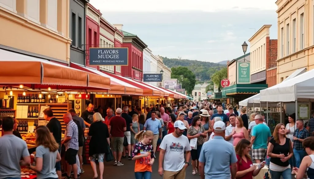 Flavors of Mudgee festival with food and wine stalls, live music, and crowds enjoying local produce Flavors of Mudgee festival with food and wine stalls, live music, and crowds enjoying local produce