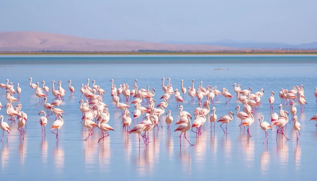 Flock of pink flamingos wading in the shallow waters of Khenifiss National Park lagoon, Morocco