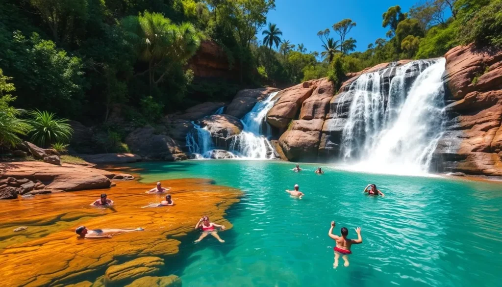 Florence Falls in Litchfield National Park during dry season with swimmers enjoying the water