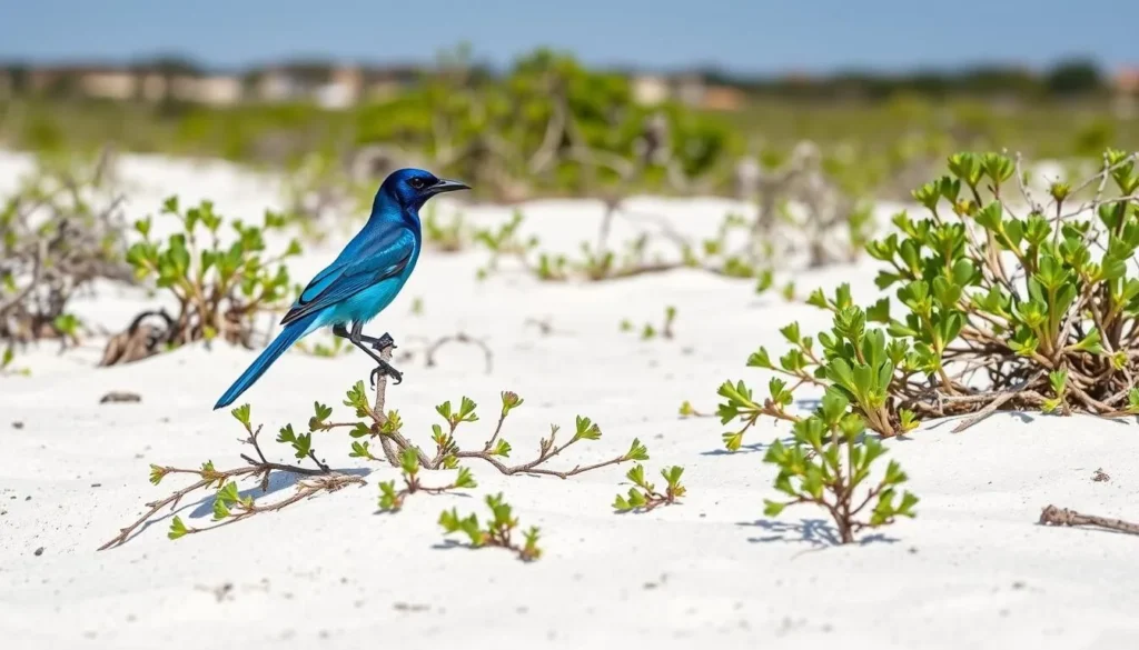 Florida scrub-jay perched on scrub vegetation at Lake June in Winter Scrub State Park