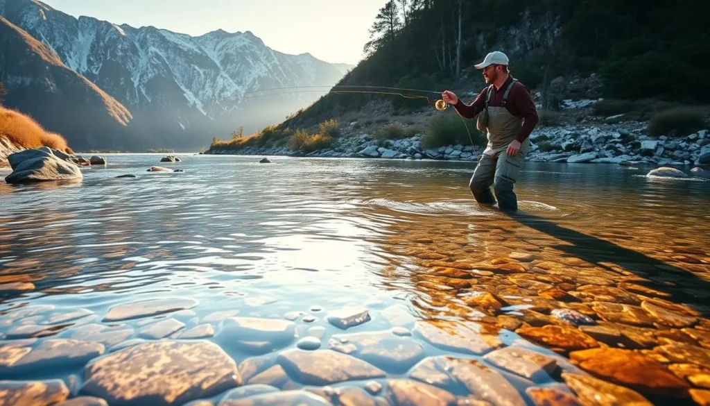 Fly fishing in a crystal-clear stream in the Snowy Mountains