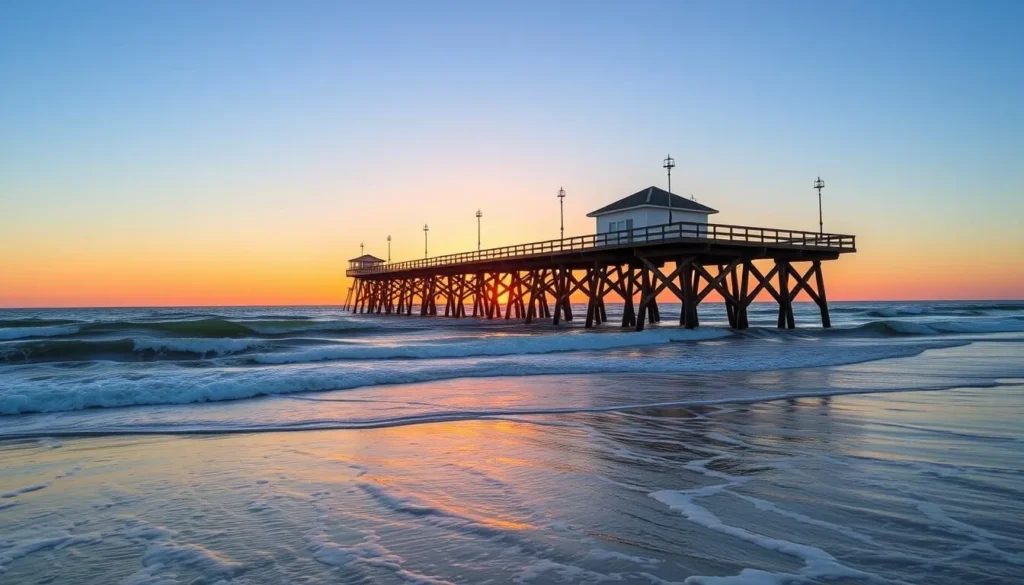 Folly Beach Pier extending into the Atlantic Ocean at sunset