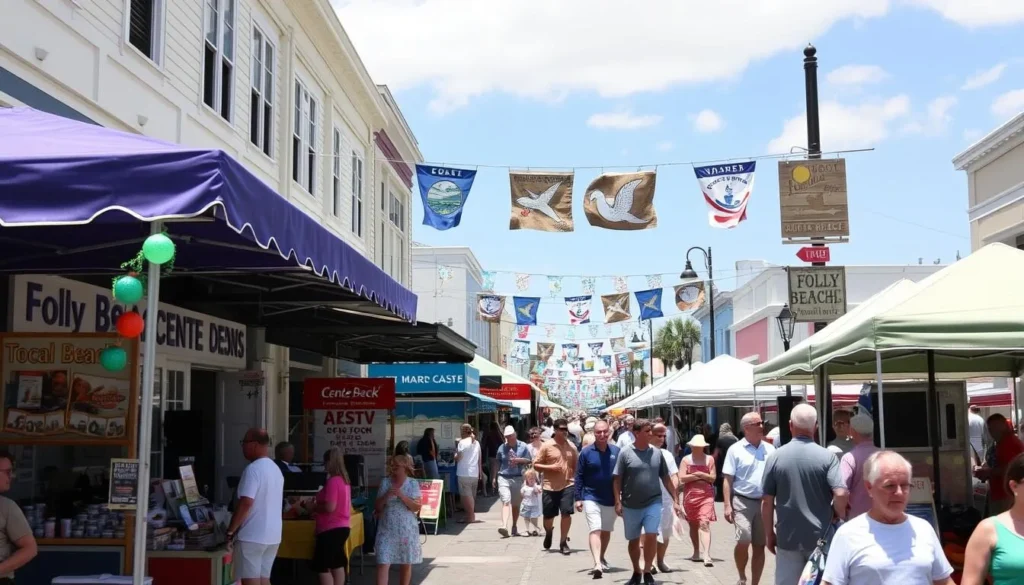 Folly Beach street festival with local vendors, live music, and coastal decorations