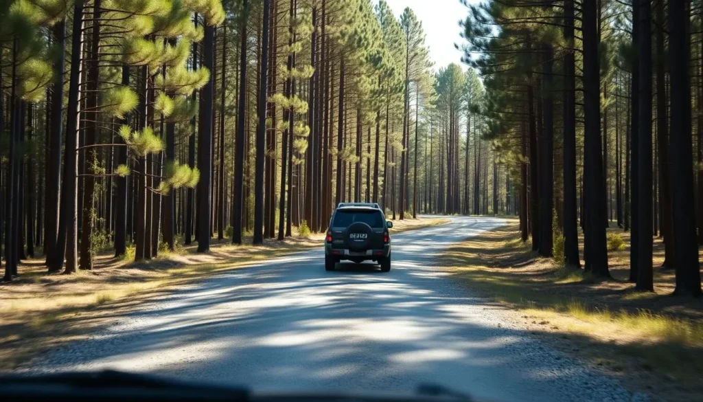 Forest road winding through Mount Crawford Forest with a car driving through pine plantations in South Australia