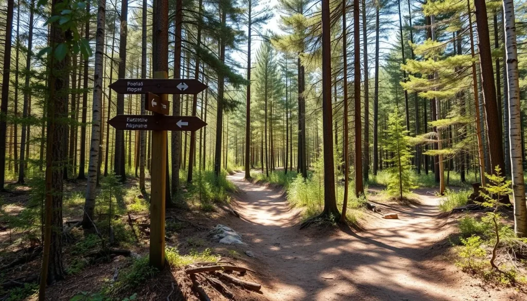 Forest trail near Lake Keltma with hiking signs