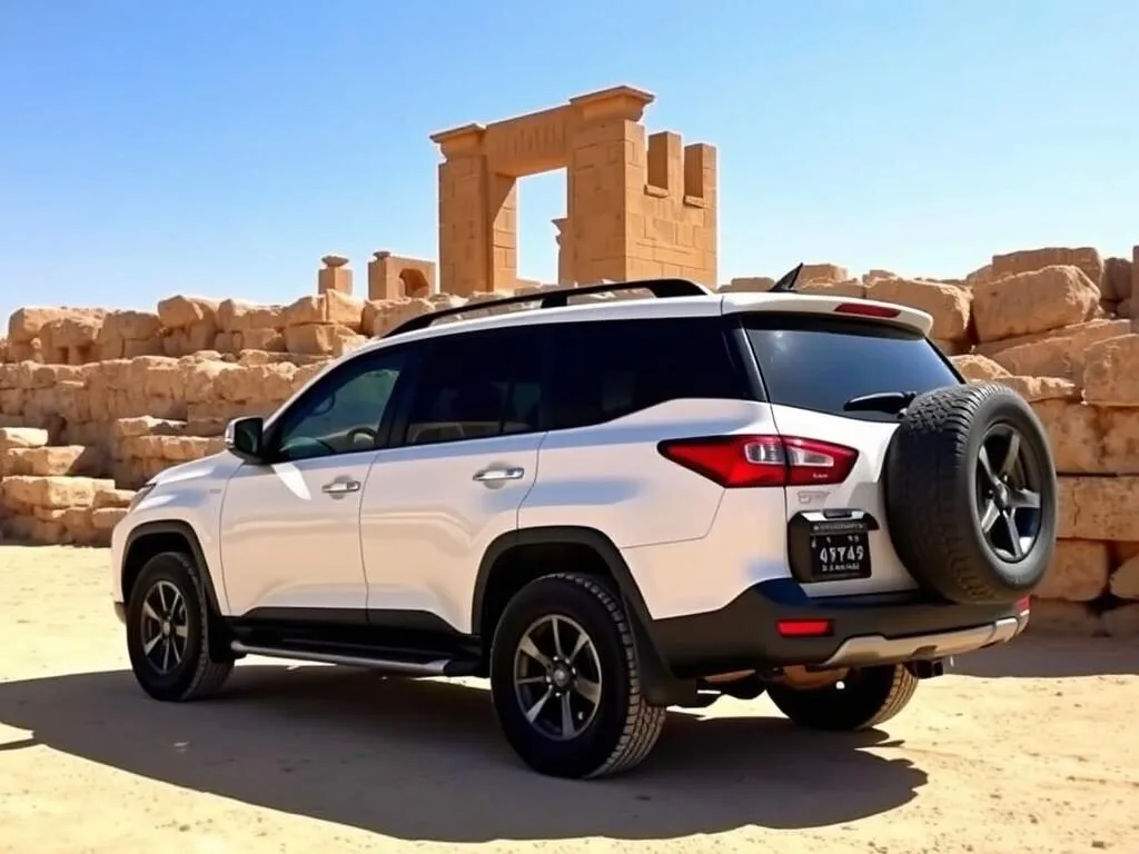 Four-wheel drive vehicle parked near an archaeological site in Ibri