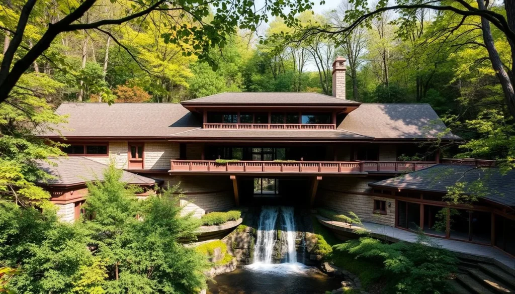 Frank Lloyd Wright's Fallingwater house in Laurel Highlands with waterfall flowing beneath