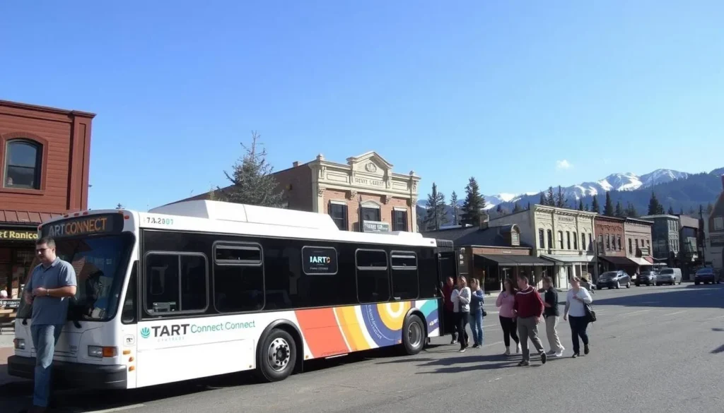 Free TART Connect shuttle bus in downtown Truckee with passengers boarding Free TART Connect shuttle bus in downtown Truckee with passengers boarding