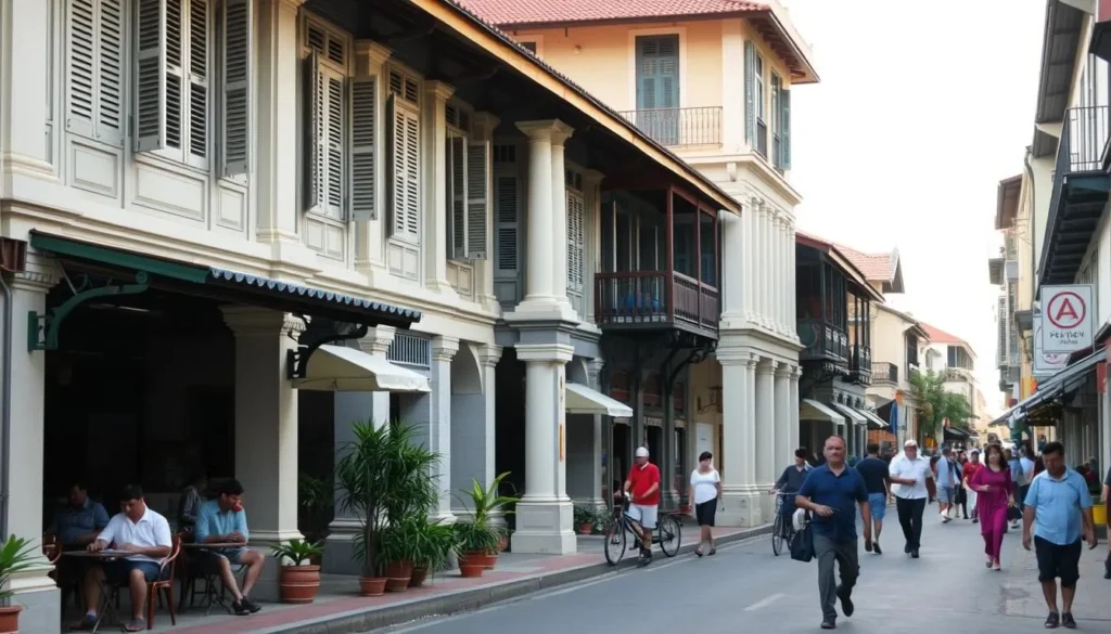 French colonial architecture in Thakhek town center with locals and tourists