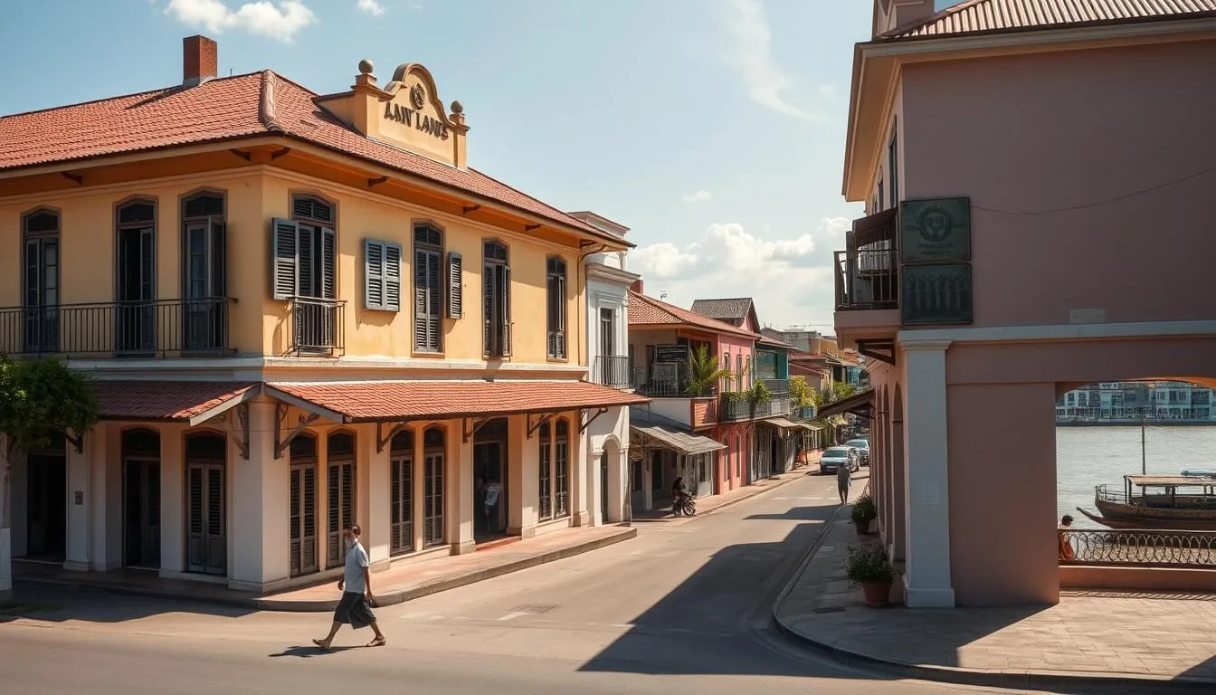 French colonial buildings along the main street in Savannakhet, Laos with the Mekong River visible in the background