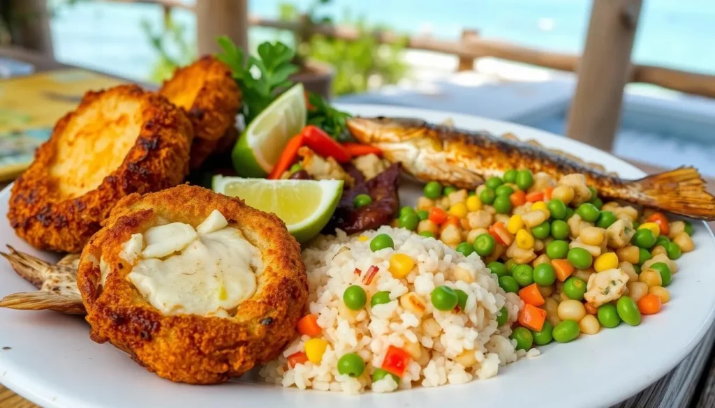 Fresh Bahamian seafood dish with conch and fish