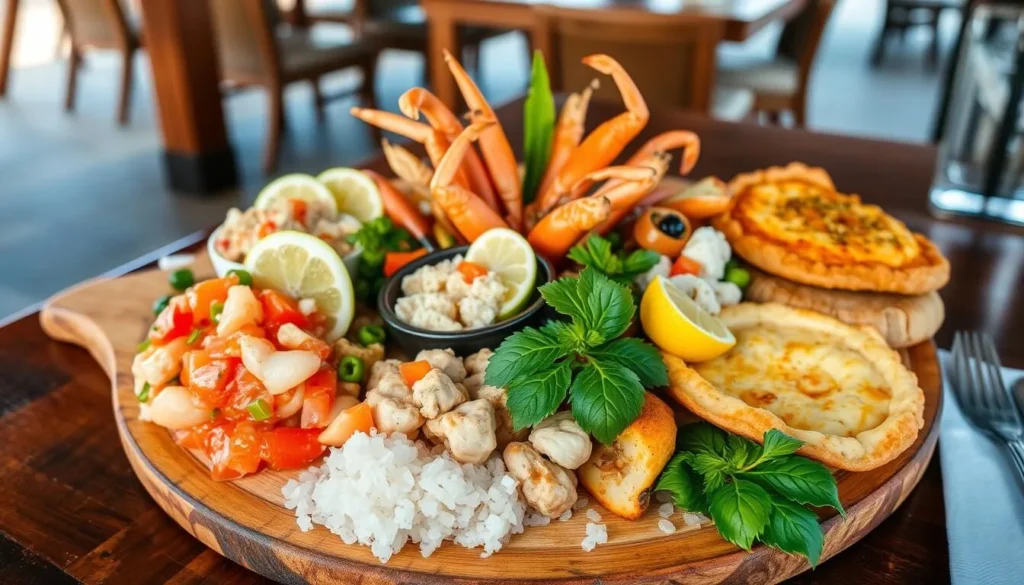 Fresh Chilean seafood platter with ceviche, empanadas, and local specialties served at a Reñaca beachfront restaurant