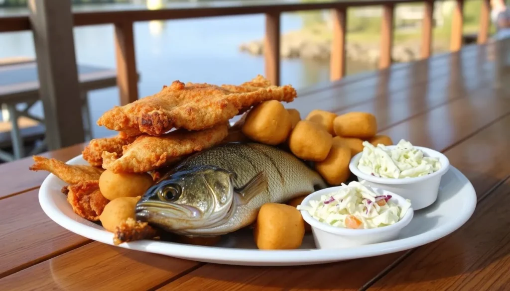 Fresh Florida seafood platter with fish, shrimp and sides Fresh Florida seafood platter with fish, shrimp and sides