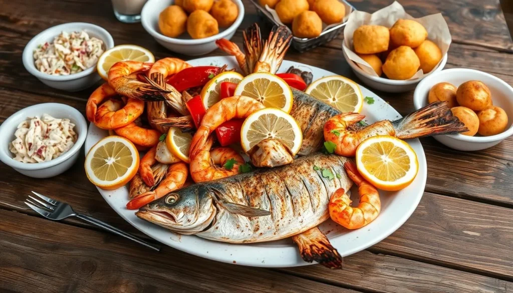 Fresh Florida seafood platter with grilled fish, shrimp, and citrus