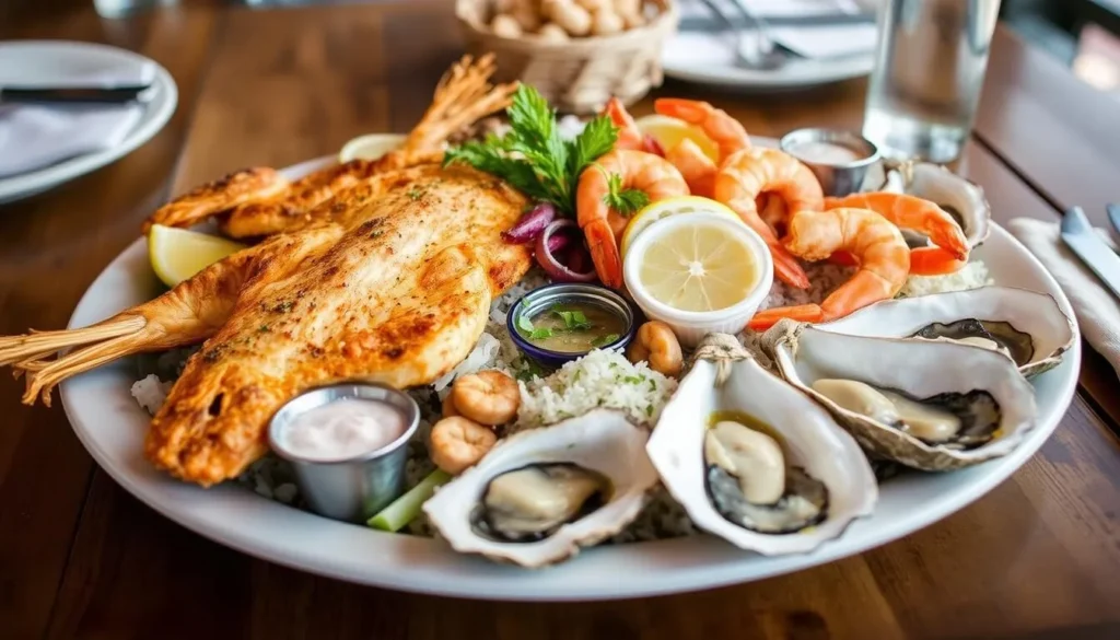 Fresh Gulf seafood platter from a Port Aransas restaurant featuring local specialties like shrimp, redfish, and oysters