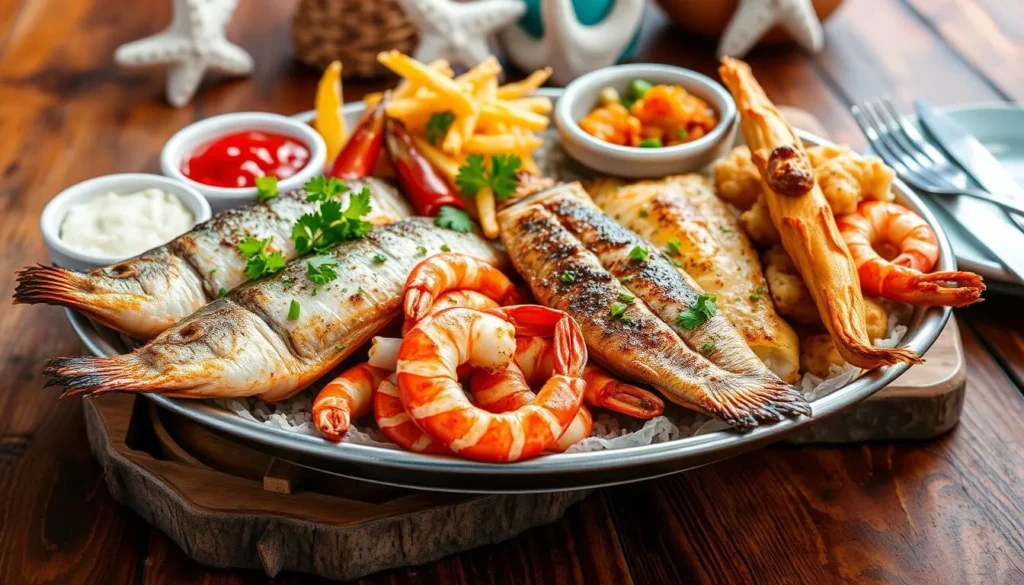 Fresh Gulf seafood platter with shrimp, fish, and local sides representing Rio Grande Valley cuisine
