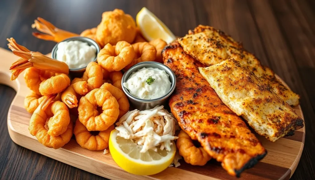 Fresh Gulf seafood platter with shrimp, fish, and sides at a Texas City restaurant