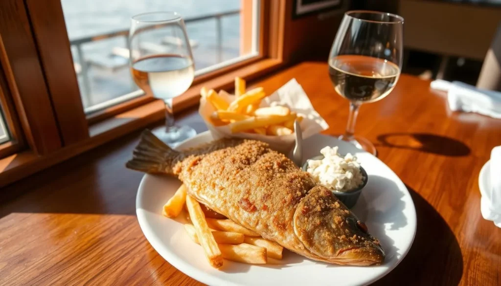 Fresh Lake Erie perch dinner with local wine at a waterfront restaurant