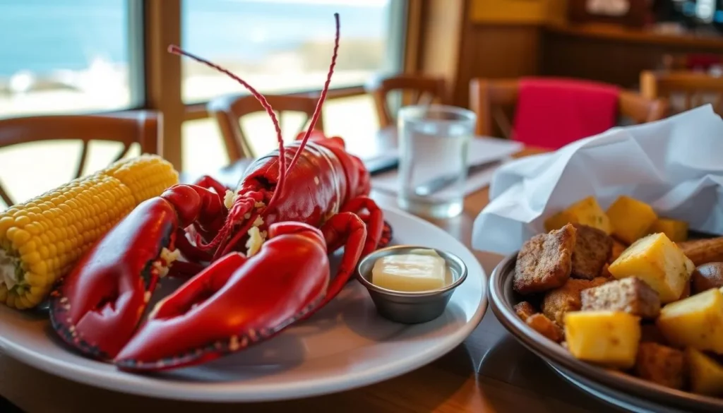 Fresh Maine lobster dinner being served at a restaurant on Chebeague Island