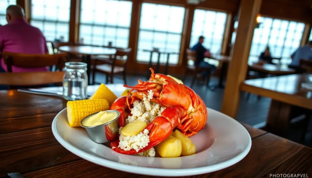 Fresh Maine lobster dinner being served at a waterfront restaurant with Penobscot Bay views