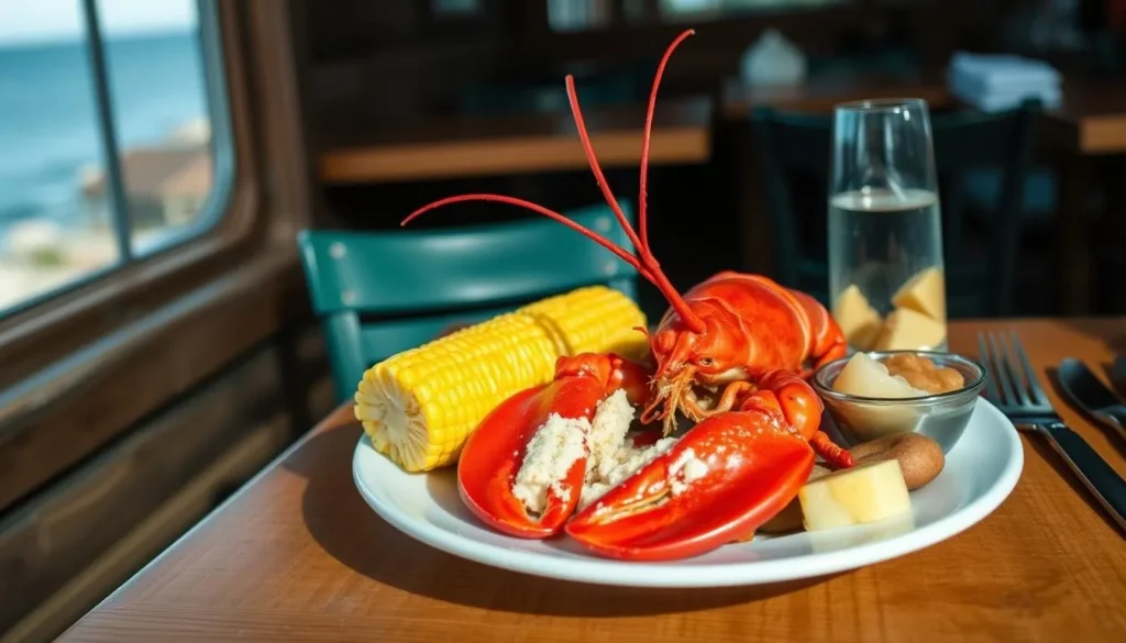 Fresh Maine lobster meal served at a rustic restaurant on Monhegan Island with ocean view Fresh Maine lobster meal served at a rustic restaurant on Monhegan Island with ocean view