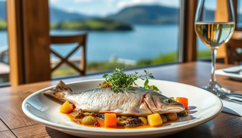 Fresh New Zealand cuisine featuring local trout served at a lakeside restaurant in Taupo