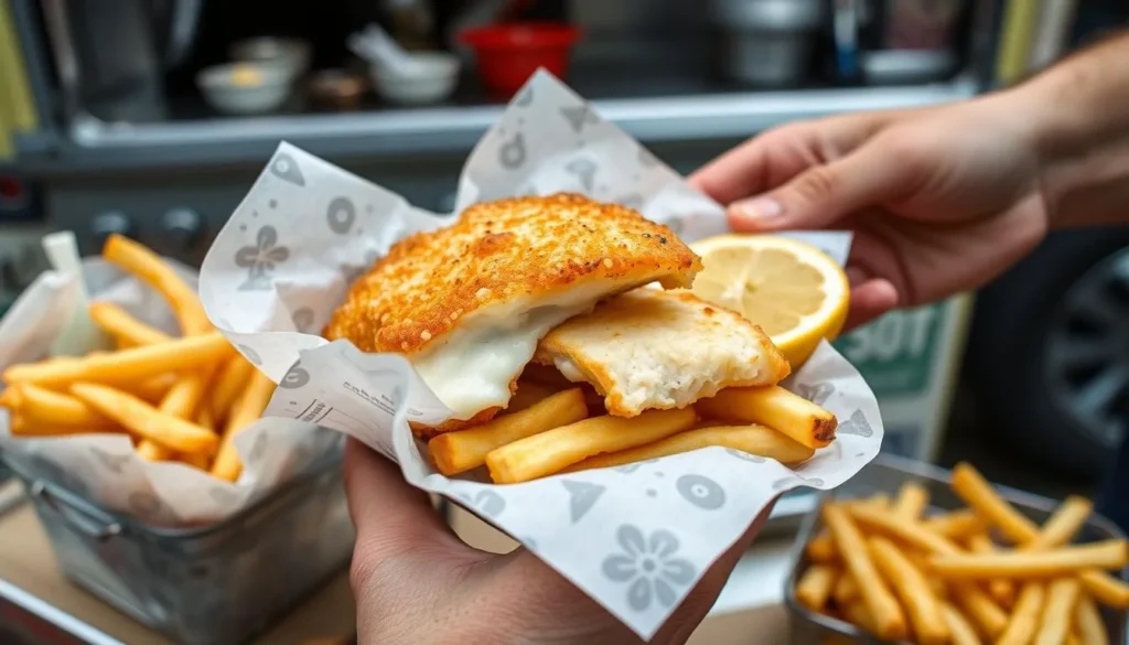 Fresh blue cod fish and chips served at Kai Kart food truck on Stewart Island Fresh blue cod fish and chips served at Kai Kart food truck on Stewart Island