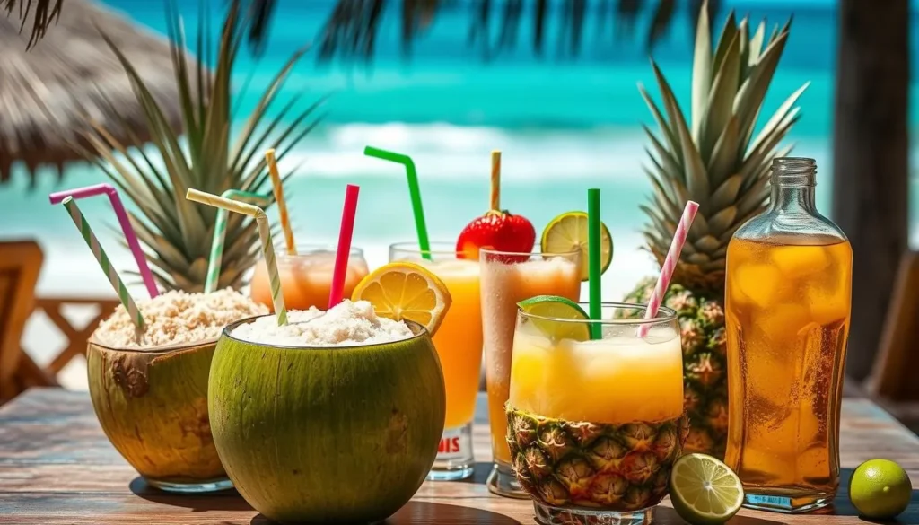 Fresh coconut drinks and piña coladas served in fruit shells on Isla Ixtapa