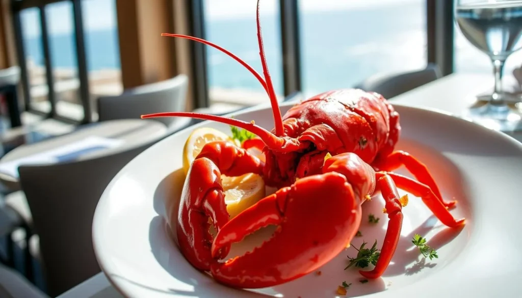 Fresh crayfish being served at a Kaikoura seafood restaurant with ocean views