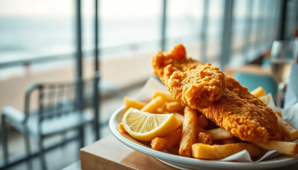 Fresh fish and chips being served at a Brighton seafront restaurant with sea view