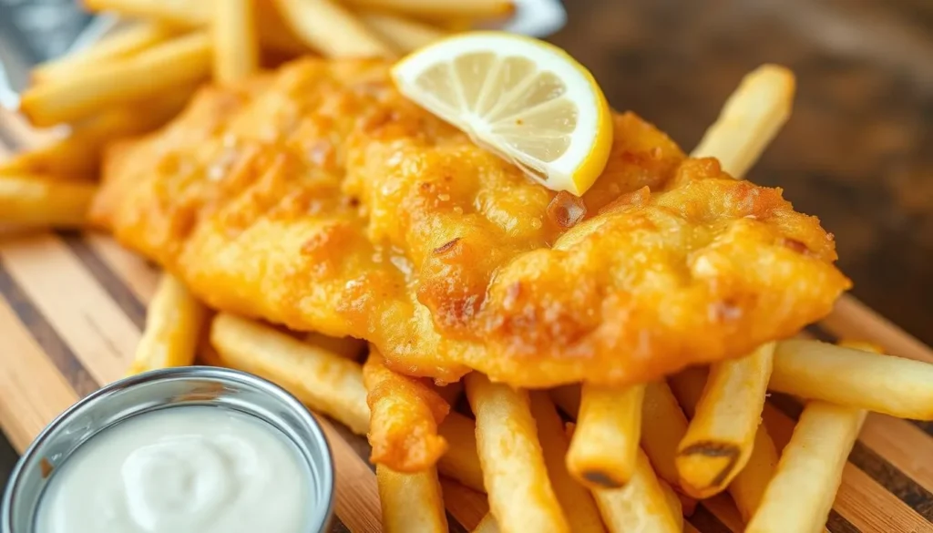 Fresh fish and chips from Herbert Fisheries in Killarney, served with lemon wedges on a wooden table - must-try food when exploring things to do in Killarney, Ontario