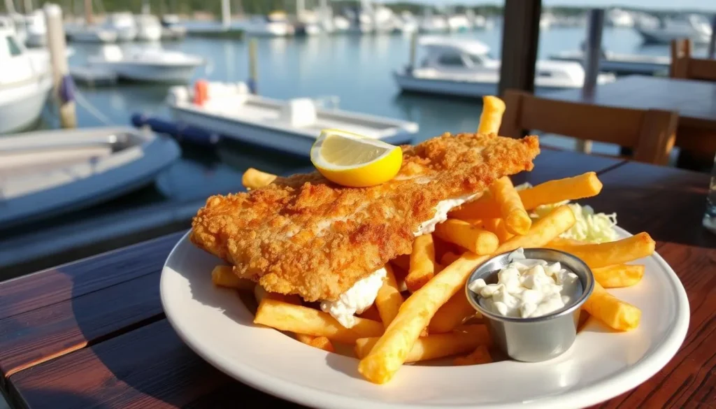 Fresh fish and chips meal from a Tobermory restaurant with harbor view