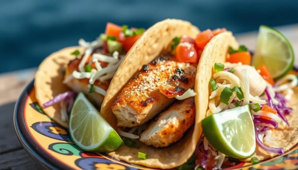 Fresh fish tacos with lime, cabbage and salsa served on a colorful plate with a view of the Pacific Ocean