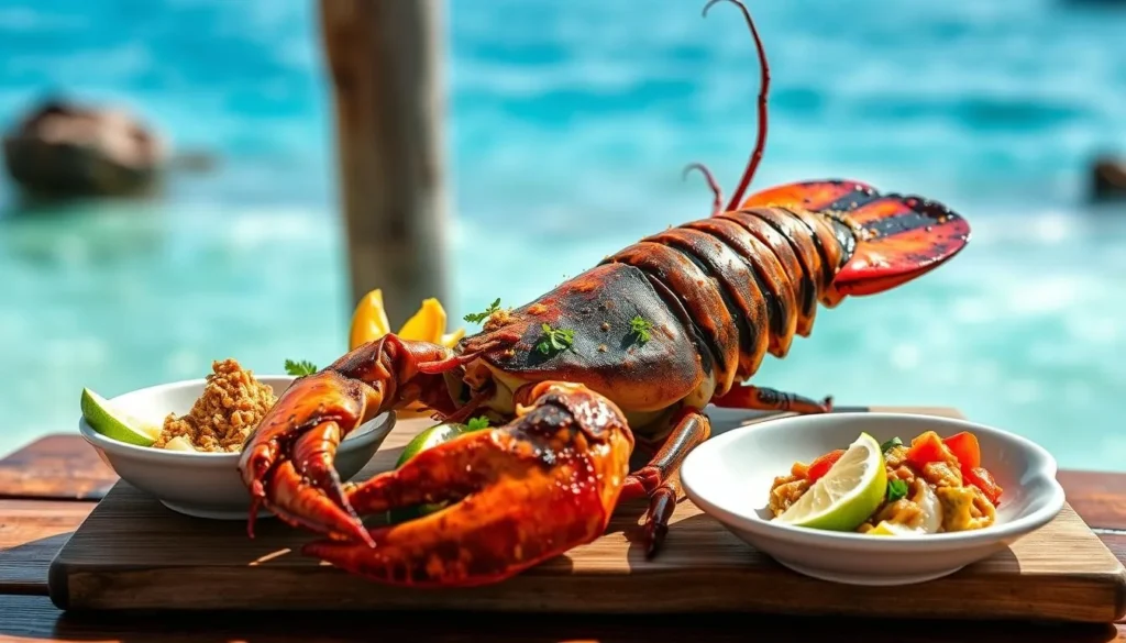 Fresh grilled Barbuda lobster with local side dishes and lime garnish