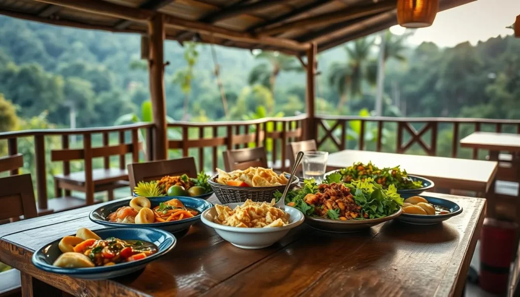 Fresh local food being served at an open-air restaurant in Minca with jungle views