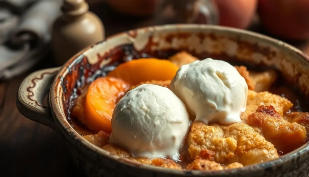 Fresh peach cobbler with ice cream, a Weatherford specialty Fresh peach cobbler with ice cream, a Weatherford specialty