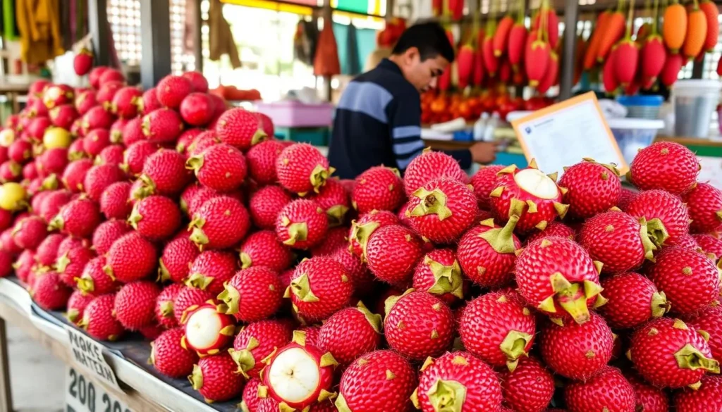 Fresh rambutan fruit for sale at a local market in Binjai, Indonesia, known for its high-quality rambutan production