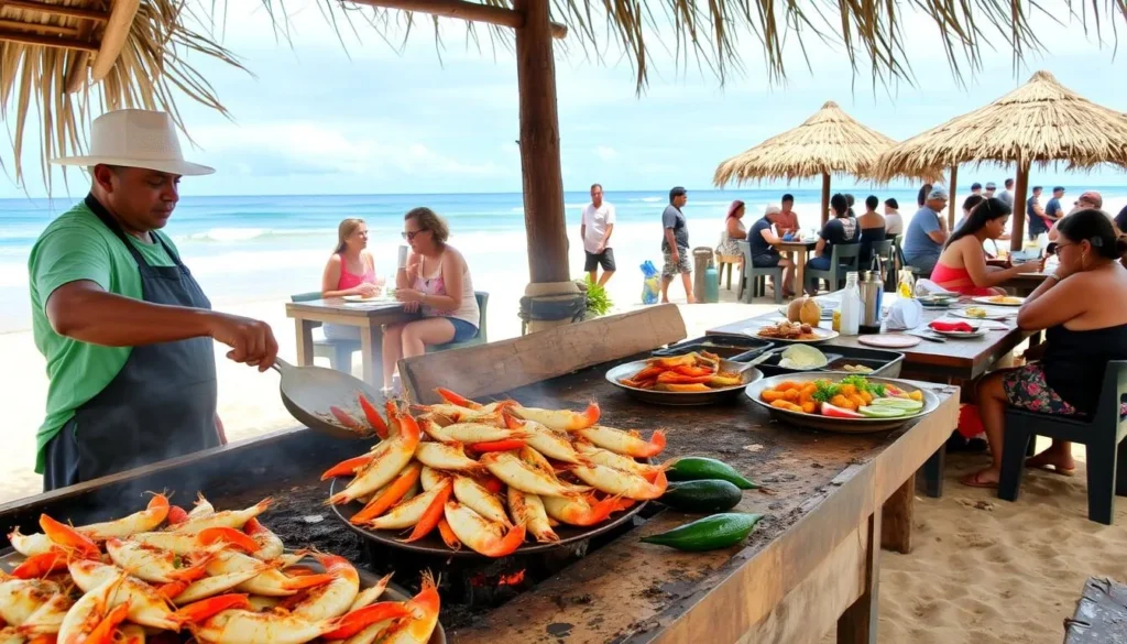 Fresh seafood being prepared at a beachside restaurant in Chacahua
