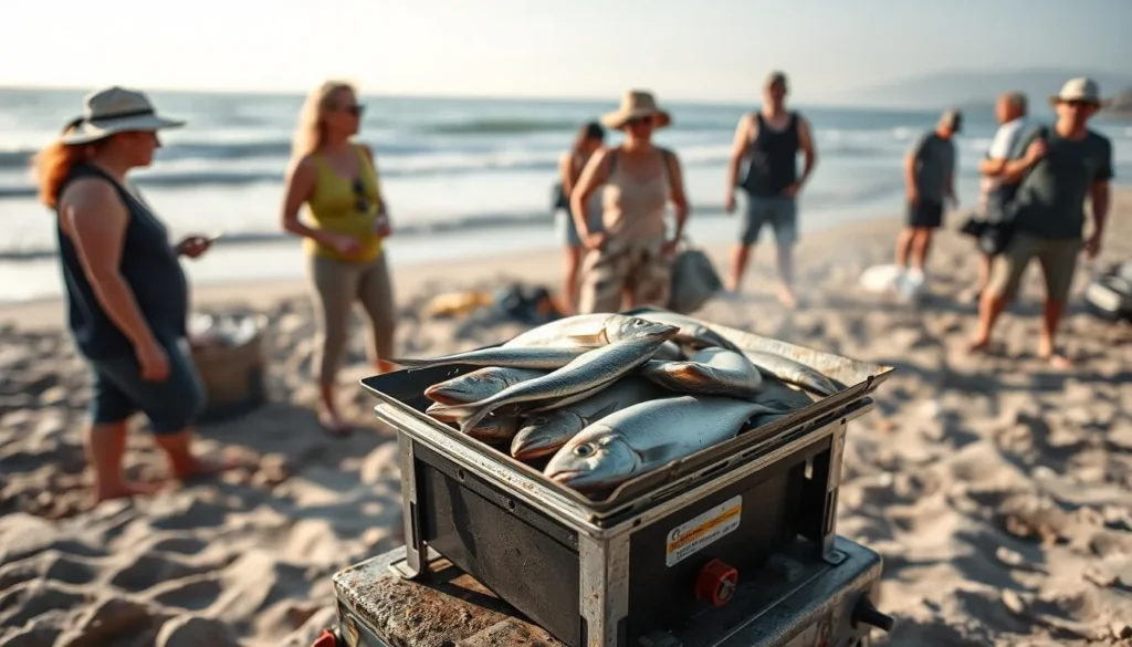 Fresh seafood catch being prepared on Isla Tiburon beach