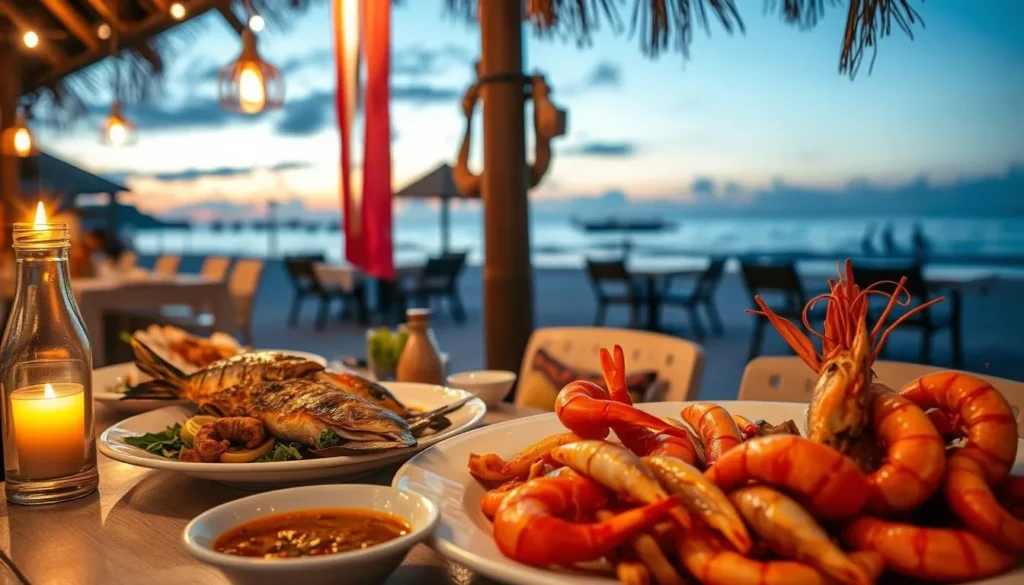 Fresh seafood dinner at a beachfront restaurant in Labuan Bajo Fresh seafood dinner at a beachfront restaurant in Labuan Bajo