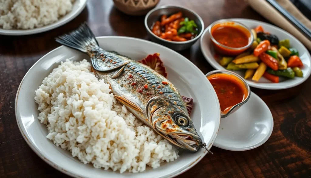 Fresh seafood dinner prepared at a homestay in Taka Bonerate with grilled fish, rice, and vegetables