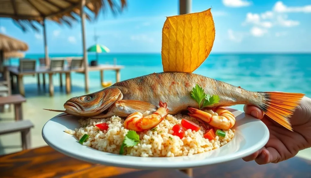 Fresh seafood dish being served at a waterfront restaurant on Granma Island with views of the bay